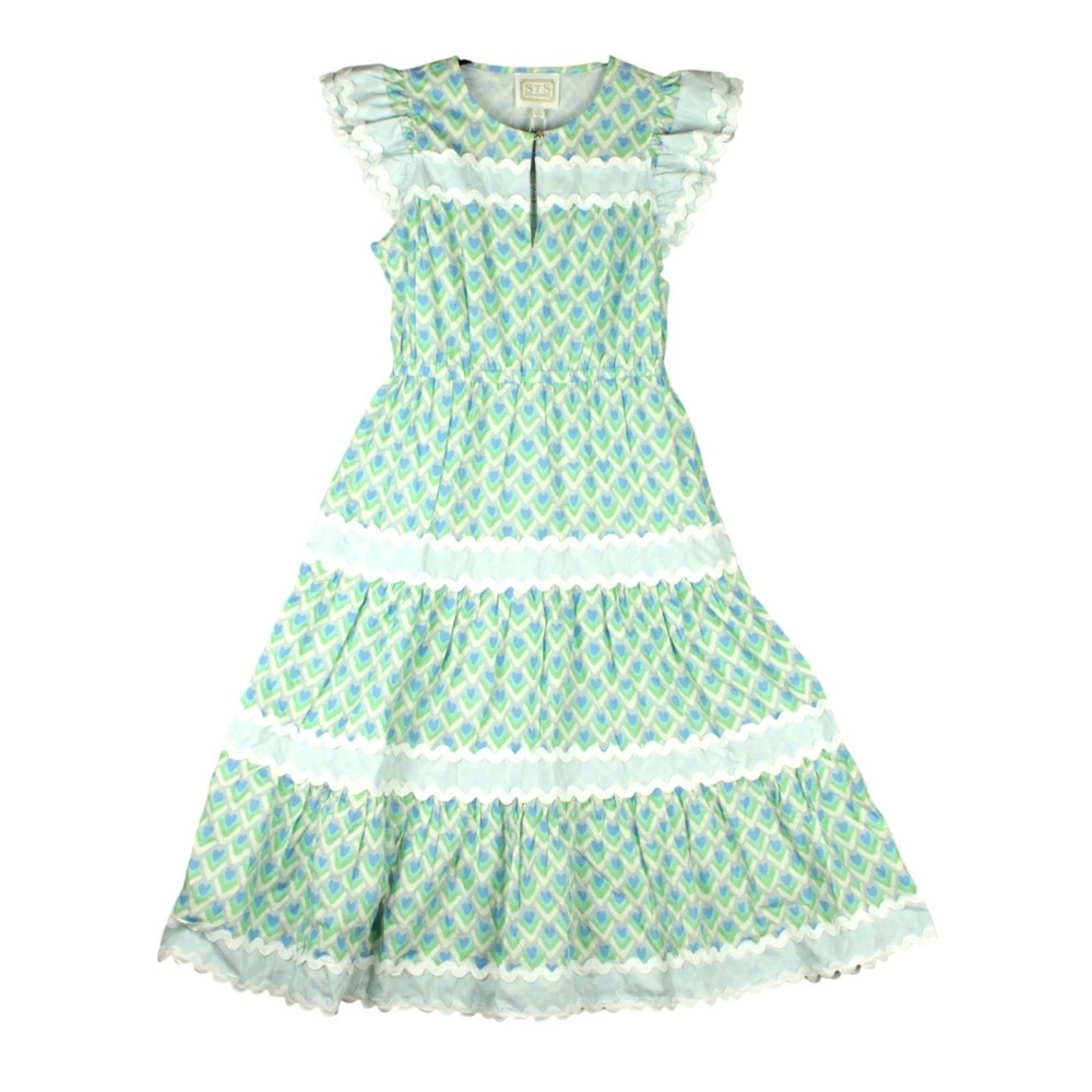 STS Sail To Sable Women Blue Flare Midi Dress Ruffled Tiered S NWT Cottagecore